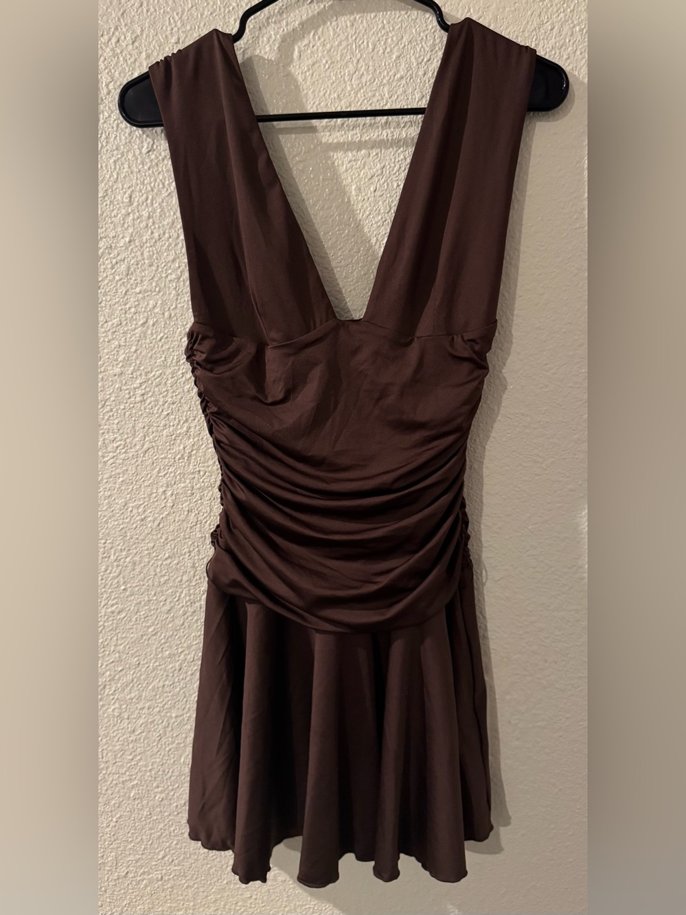 NWOT Plunge Ruched Mini Dress in Chocolate Brown